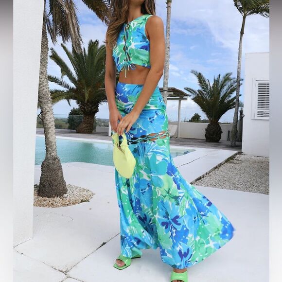 NWT Runaway the label Stelani maxi skirt blue green floral XS - Picture 4 of 9